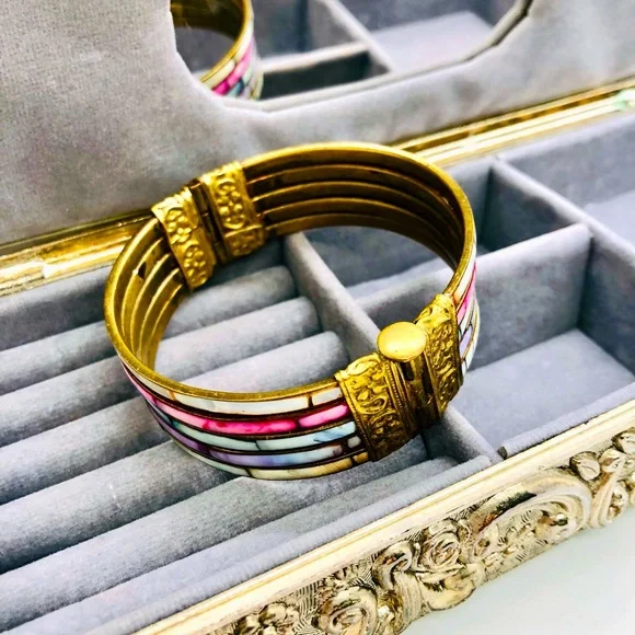 Vintage Brass Mother of Pearl Boho Bracelet - Picture 2 of 12